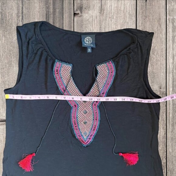 Bobeau Black Sleeveless Tank Top Tunic with Embroidered Design & Tassels Size L - Picture 10 of 11